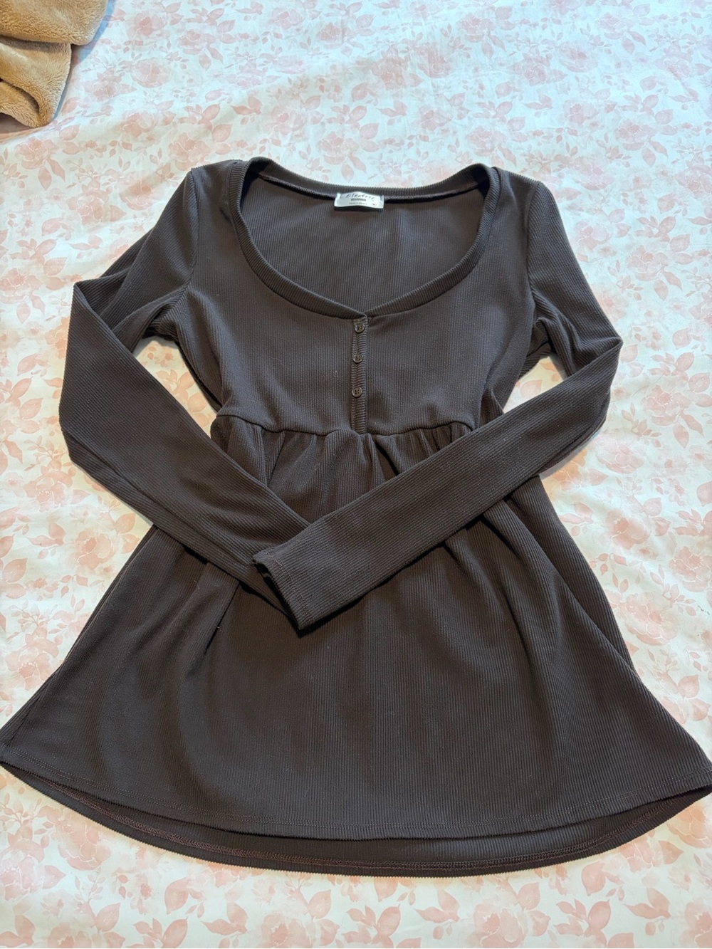 Electric Family Dark Brown Scoop-Neck Long Sleeve Peplum Top
